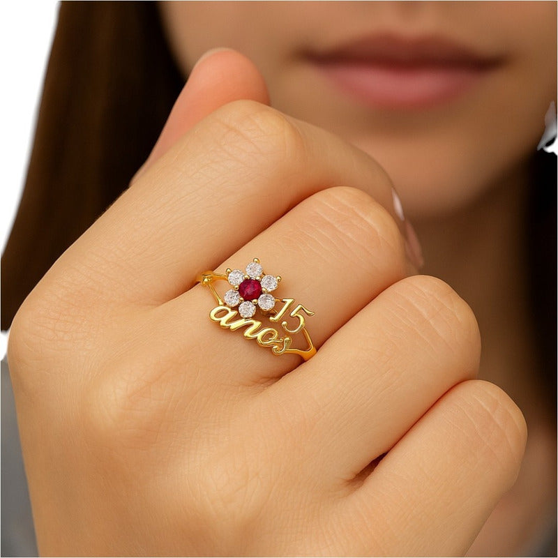 Anillo Xv Años Roseta Rubi 10 K + Color Dorado Talla 5