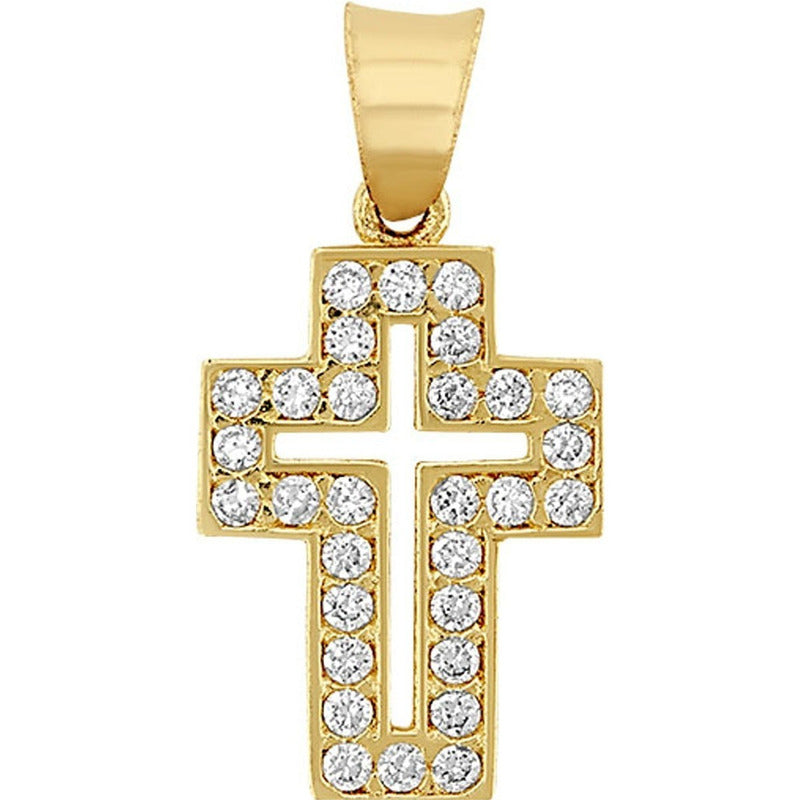 Dije Doble Cruz Con Zirconias En Oro De 10 K + Obsequio