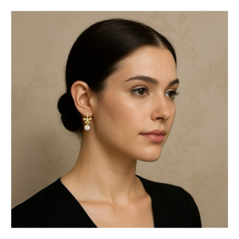 Arete Flor Moño Perla En Oro De 10 K + Obsequio + Envio