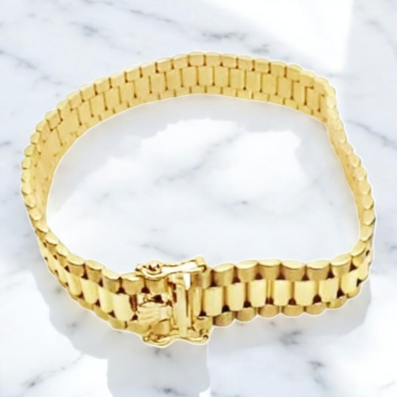 Pulsera Tejido Macizo 1 Cm Por 18 Cm Corona Oro 14 Kilates