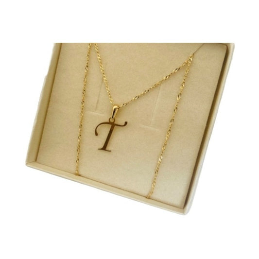 Juego Inicial Letra T Con Cadena 50 Cm Oro 14 K + Obsequio
