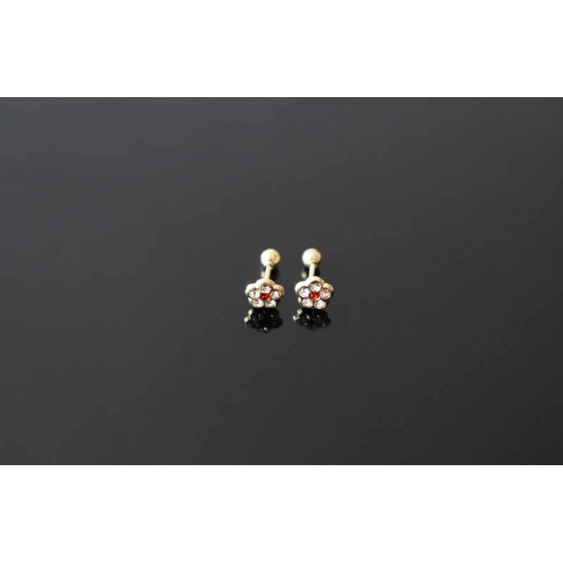 Broqueles Flor Piedra Roja Para Bebé 1 Mm Oro De 10 K