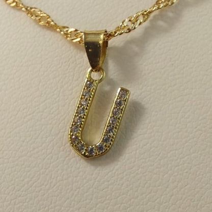 Juego Collar Letra U + Aretes Zirconias Oro 10 K. + Regalo