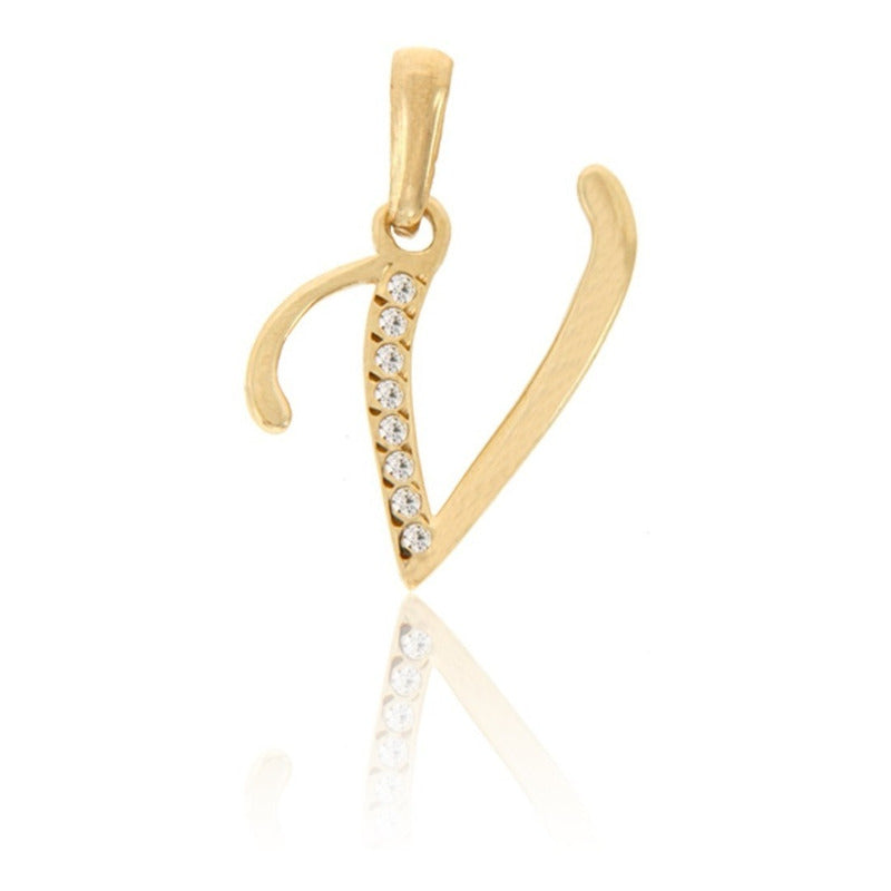 Dije Inicial Letra V Con Circonias Oro 14 K + Obsequio