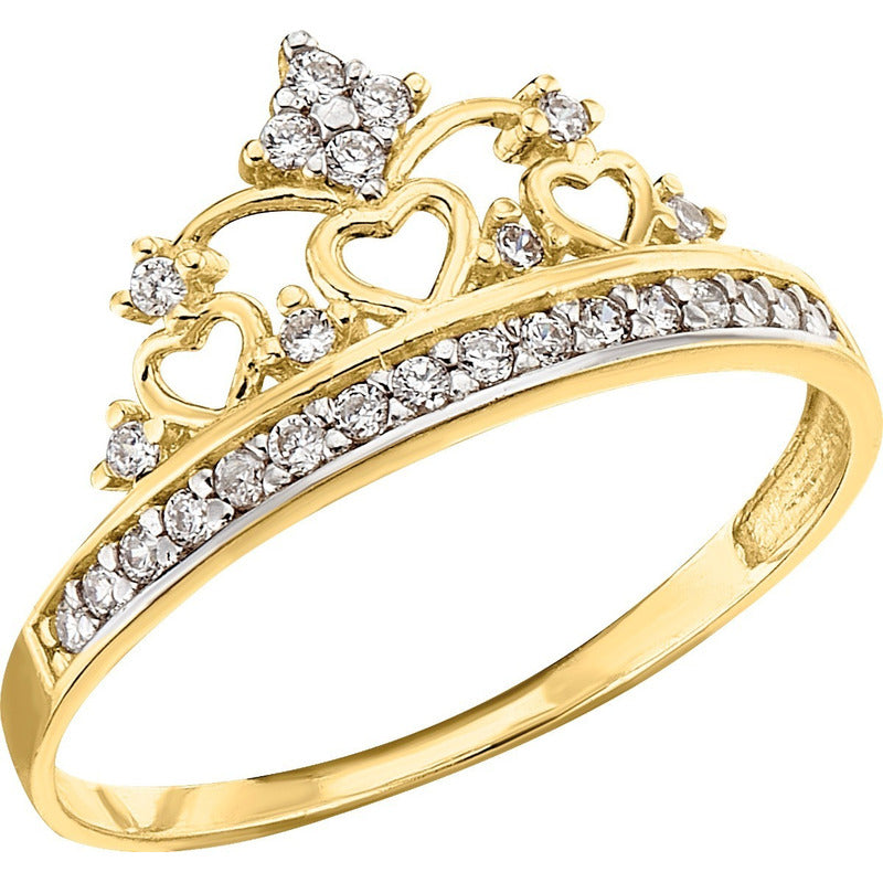 Anillo Corona Con 3 Corazones Oro 10 K + Obsequio