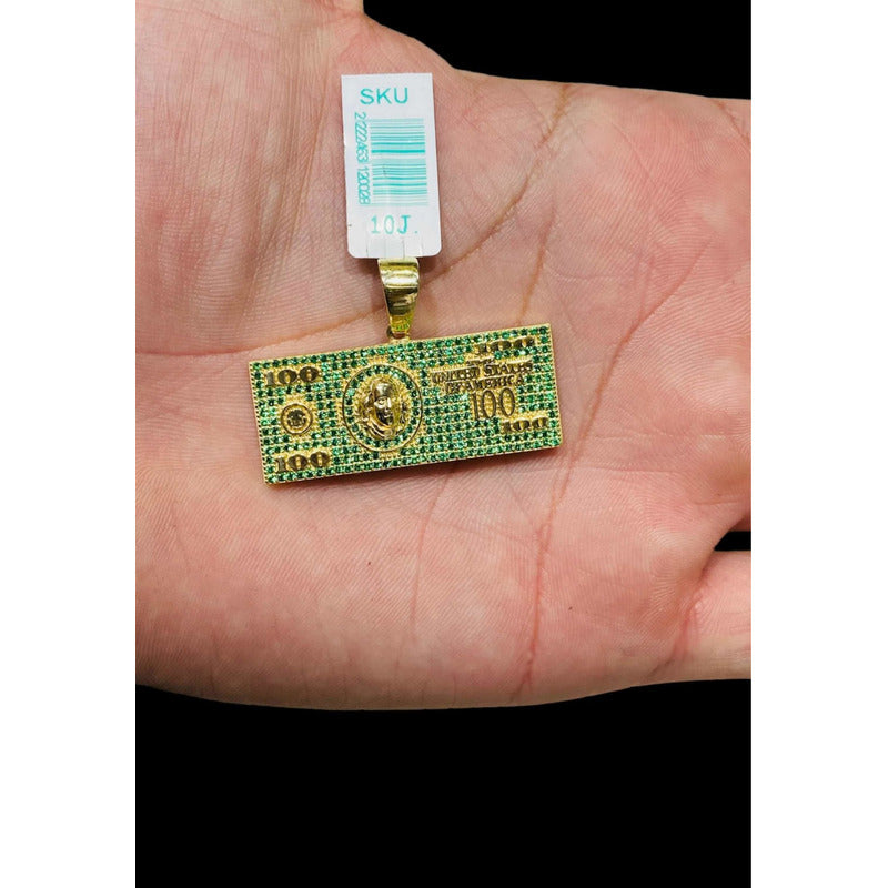 Kit Cadena Con Dije 100 Dólares Zirconias Oro 10 K +obsequio