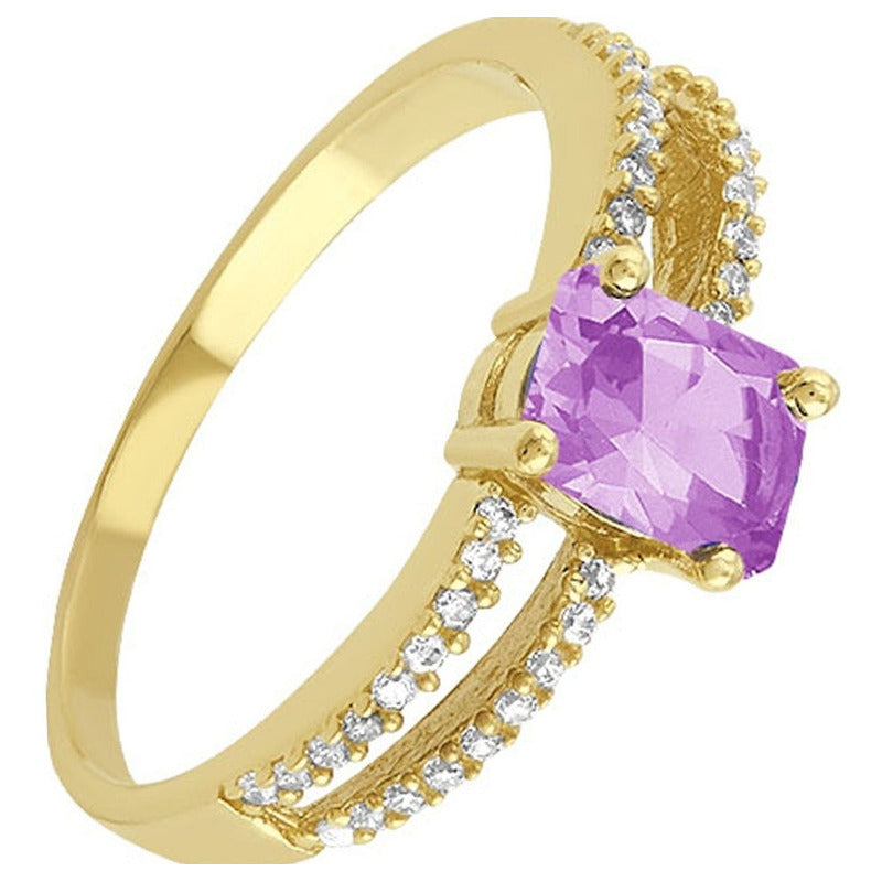 Anillo Octagonal Con Zirconia Lila En Oro De 10 K + Obsequio