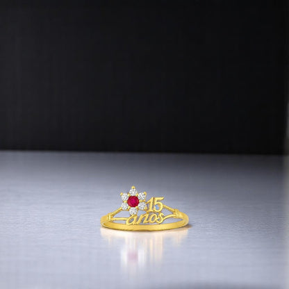 Anillo Xv Años Roseta Rubi 10 K + Color Dorado Talla 7