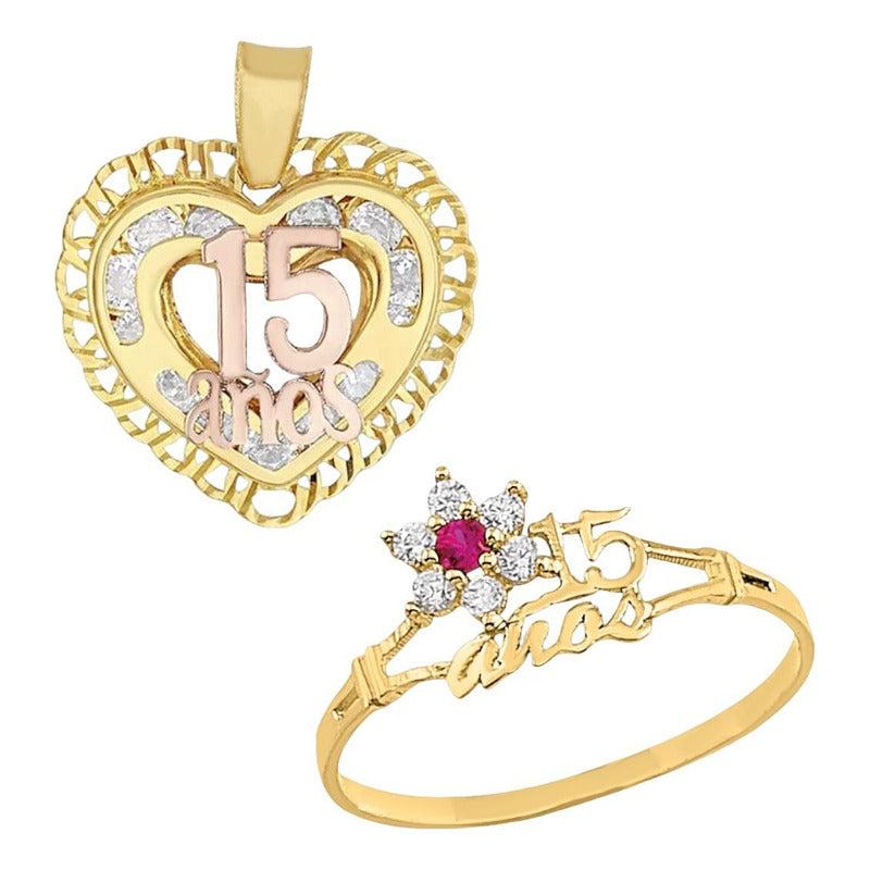 Juego Anillo Rubi Y Collar Xv Años Corazon Oro 10 K + Obs
