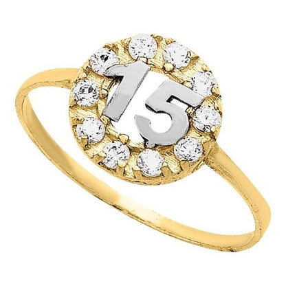 Anillo 15 Años 2 Oros 10 Kilates Zirconias + Obsequio