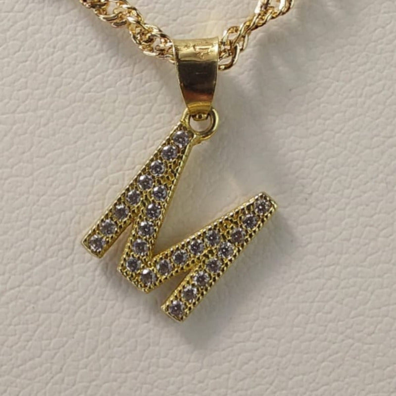 Juego Collar Letra M + Aretes Zirconias Oro 10 K. + Regalo