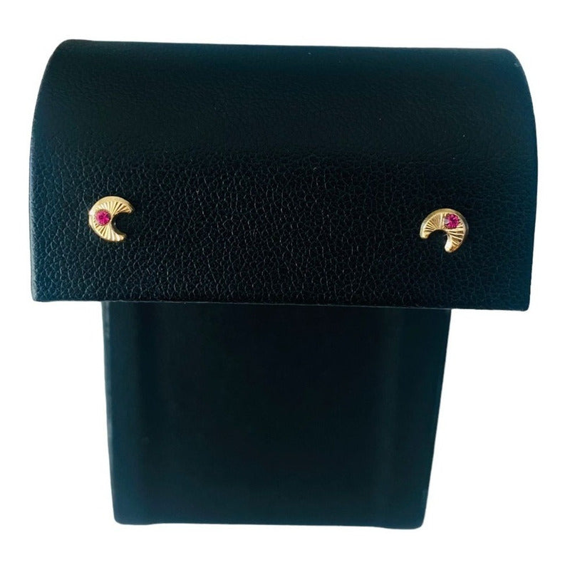 Broqueles De Luna Con Circonia  Rosa En Oro De 14 Kilates