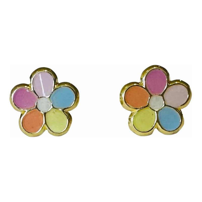 Broqueles Flor Esmaltada Oro 10 Kilates + Obsequio