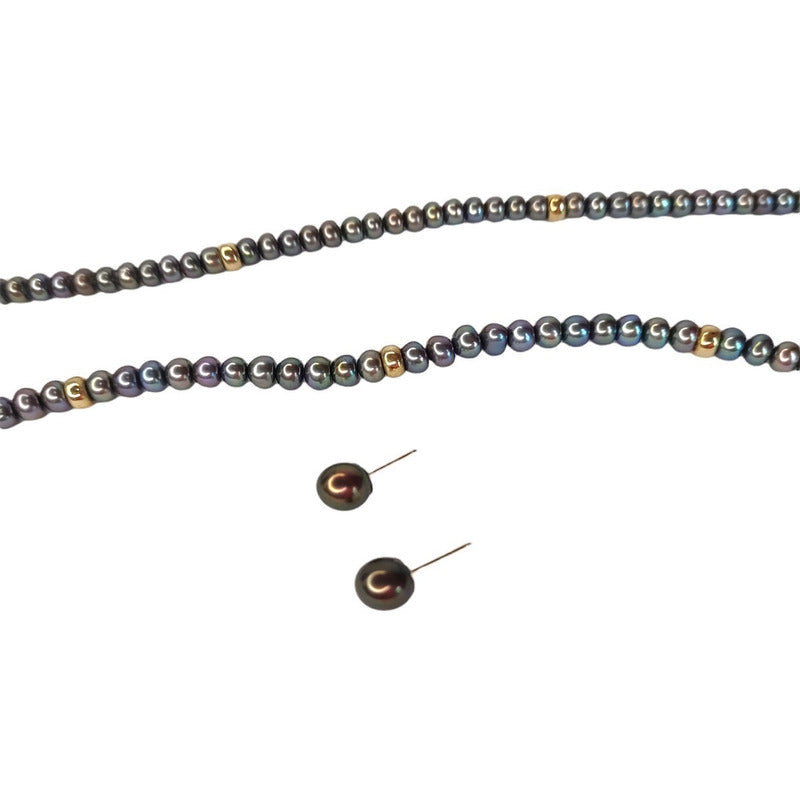 Juego De Aretes, Collar Y Pulsera Perla Negra Botón Oro 14k