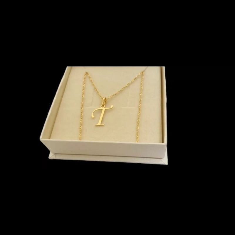 Juego Collar Letra T  Lisa + Aretes Bola 10 K. + Regalo