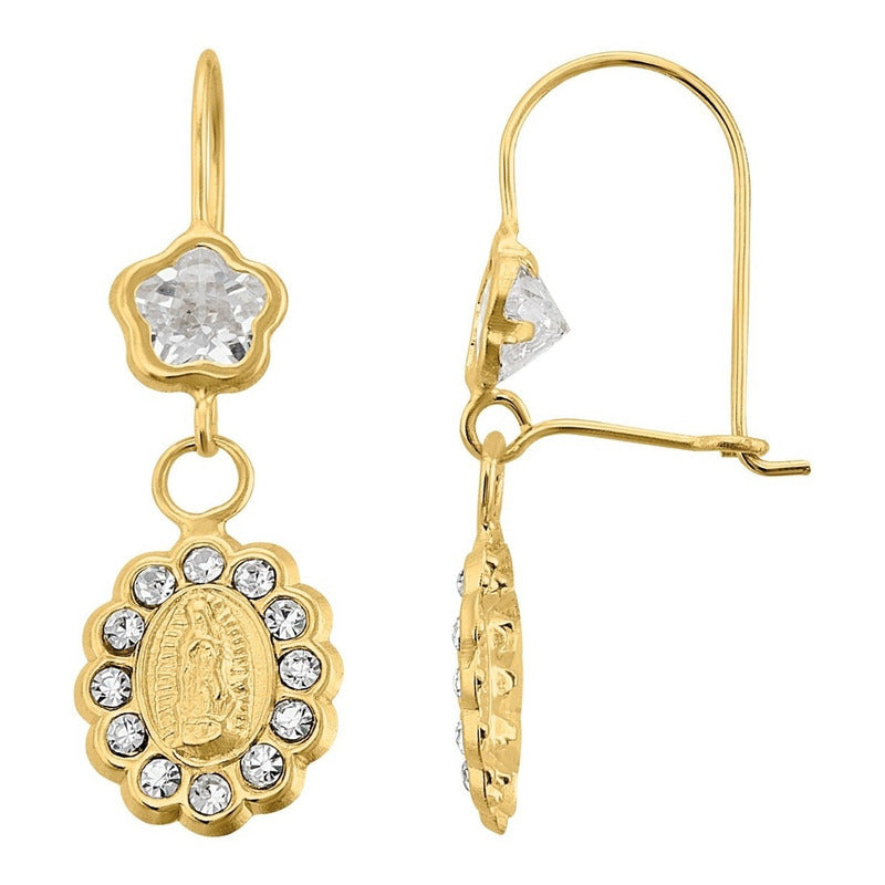 Aretes Virgen Guadalupe Circonias En Oro 10 K + Obsequio