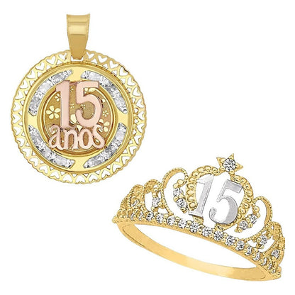 Juego Anillo Y Collar Xv Años Con Flores Oro 10 K + Obsequio