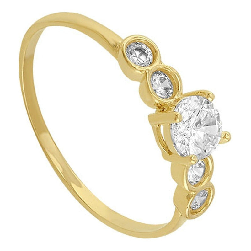 Anillo Solitario Con 5 Zirconias En Oro 10 K + Obsequio