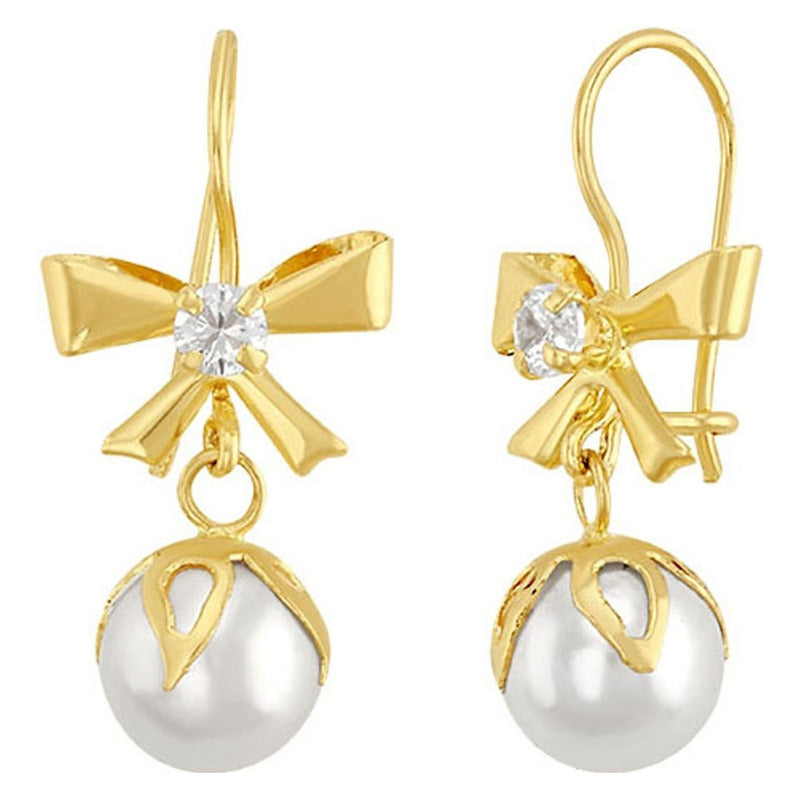 Arete Flor Moño Perla En Oro De 10 K + Obsequio + Envio