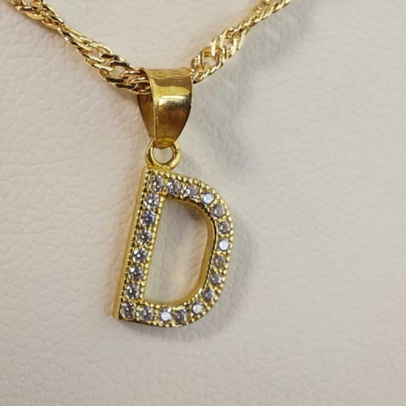 Juego Collar Letra D + Aretes Zirconias Oro 10 K. + Regalo