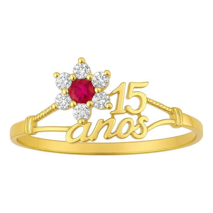 Anillo Xv Años Roseta Rubi 10 K + Color Dorado Talla 5