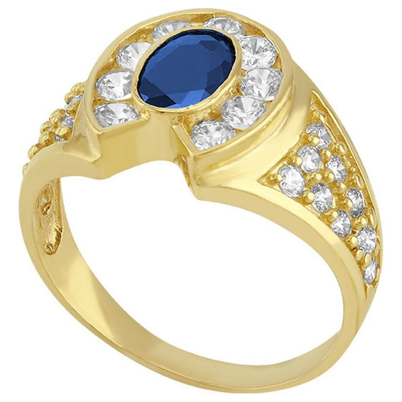 Anillo Caballero Piedra Oval Azul En Oro De 10 K + Obsequio