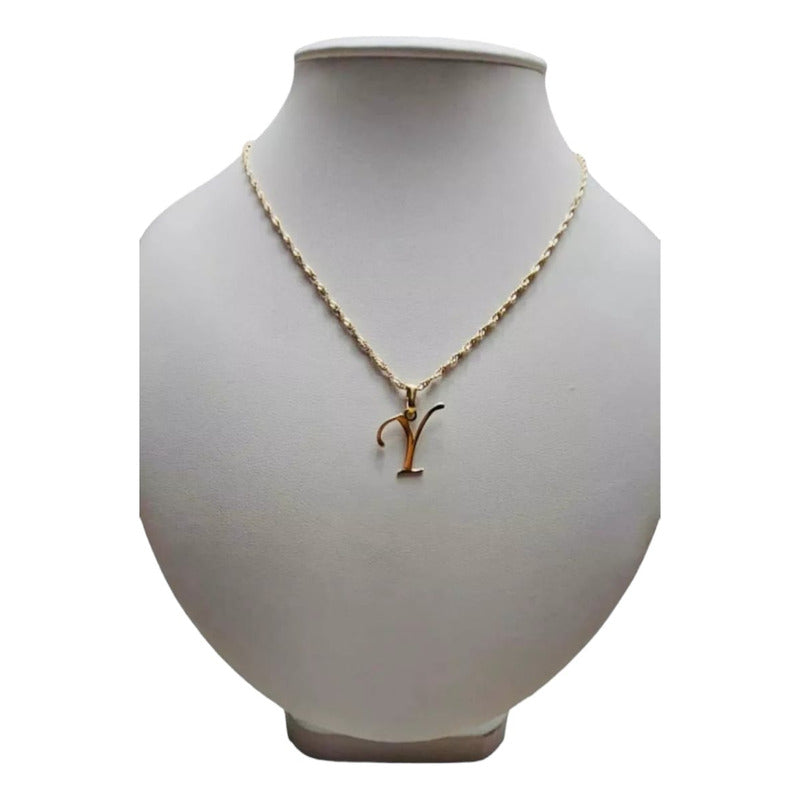 Juego Collar Letra Y Lisa + Aretes Bola 10 K. + Regalo