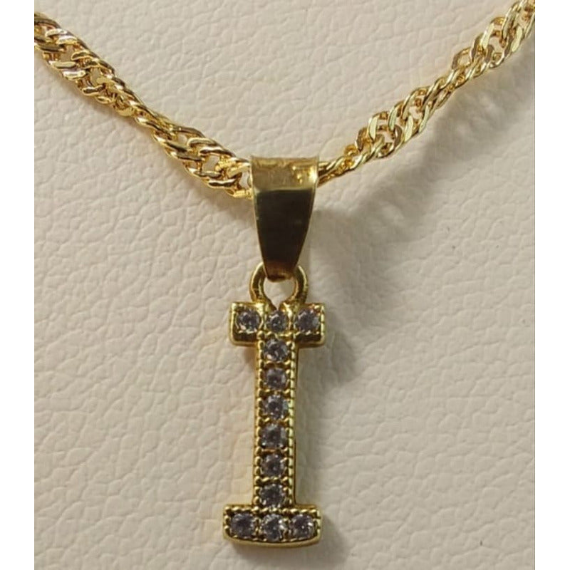 Juego Collar Letra I + Aretes Zirconias Oro 10 K. + Regalo