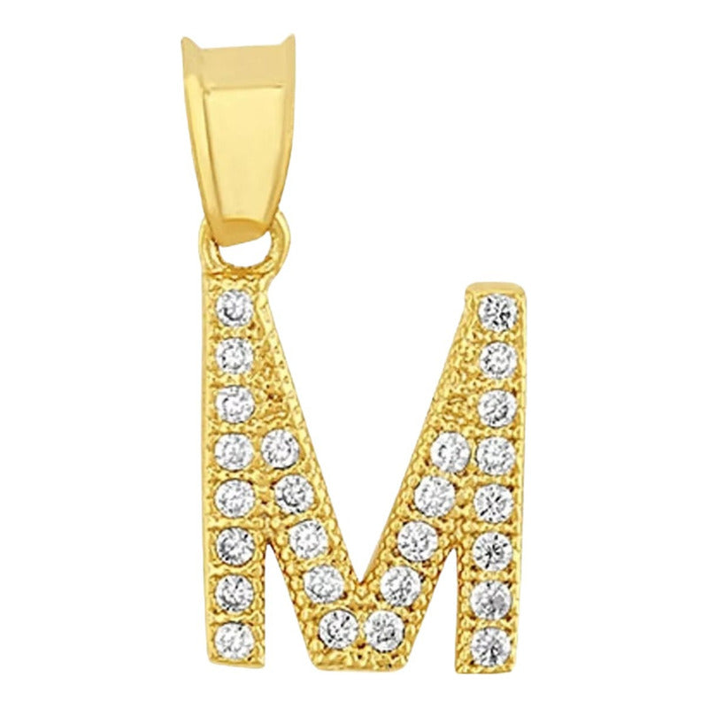 Juego Collar Letra M + Aretes Zirconias Oro 10 K. + Regalo