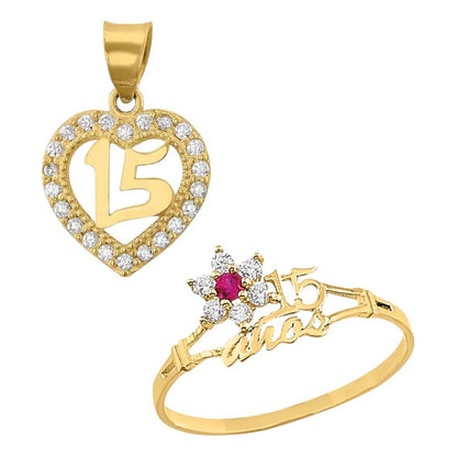 Juego Anillo Rubí Y Collar Xv Años Corazon Oro 10 K + Obsequ