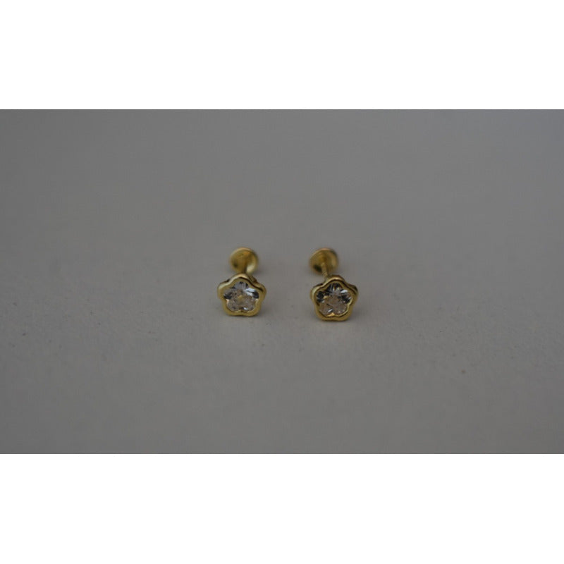 Broqueles Flor Circonia  Para Bebé 4 Mm Oro De 10 K + Obsequ