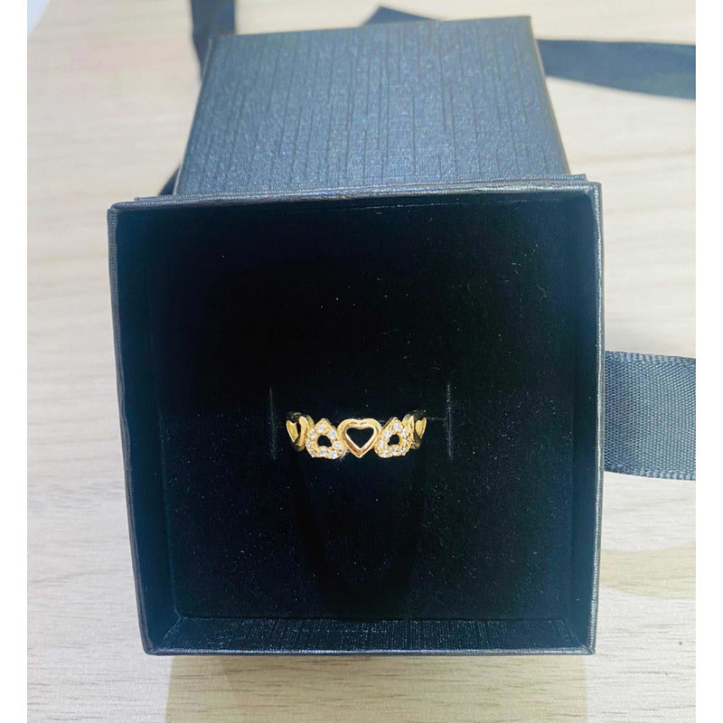 Anillo Corazones Con Circonias Oro 10 K + Obsequio