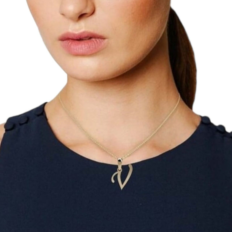 Juego Collar Letra V Lisa + Aretes Bola 10 K. + Regalo