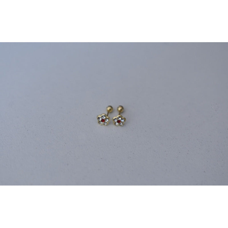 Broqueles Flor Piedra Roja Para Bebé 1 Mm Oro De 10 K