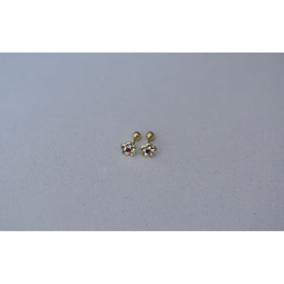 Broqueles Flor Piedra Roja Para Bebé 1 Mm Oro De 10 K