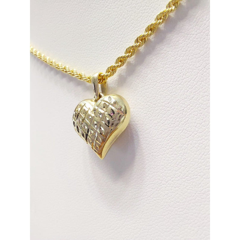 Kit Cadena Con Dije Corazon Texturizado Oro 10 K. + Obsequio