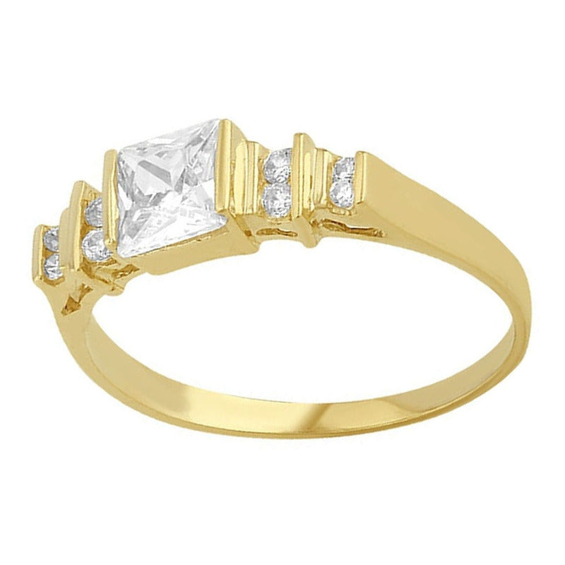 Anillo Solitario Con Zirconia Cuadrada Relieve En Oro De 10k