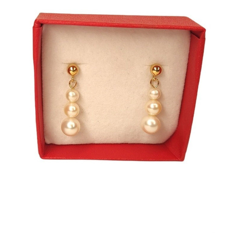 Aretes Con 3 Perlas De Mayor A Menor Elaborado En Oro De 14k