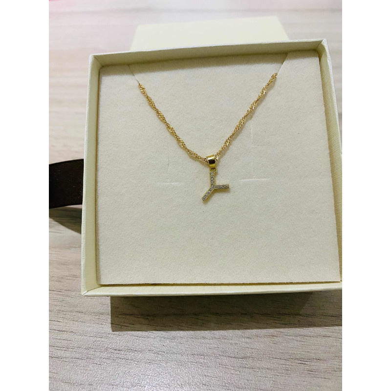 Kit Cadena Singapur Con Letra Y Piedras Oro 10 K+ Obsequio