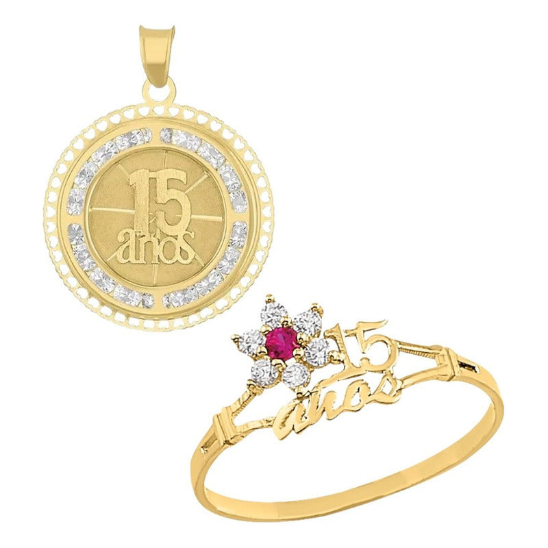 Juego Anillo Rubi Y Collar Xv Años Laser Oro 10 K + Obsequio