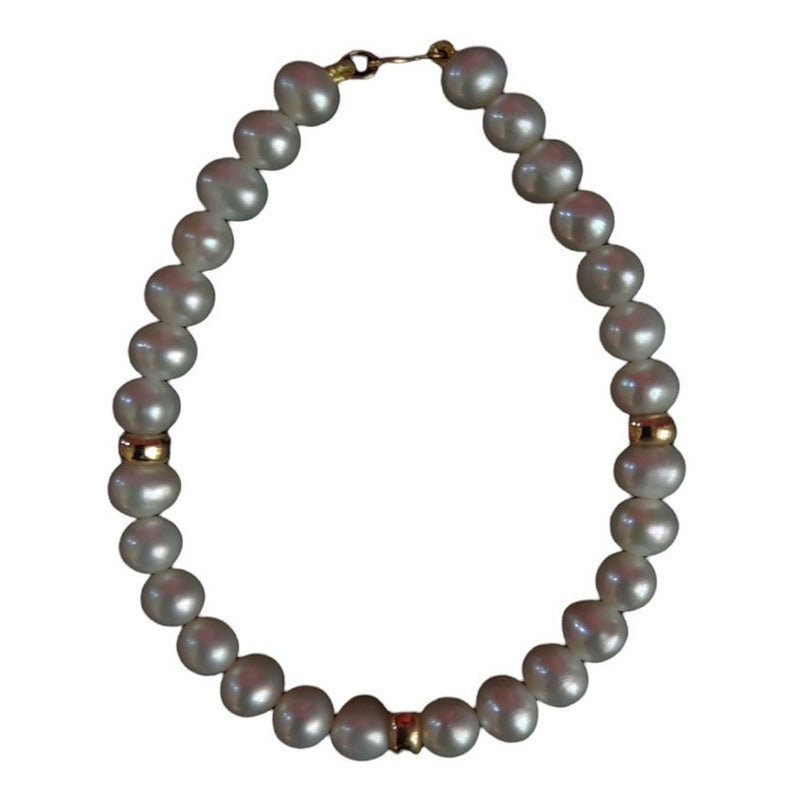 Pulsera Perlas Potato 5.5 Mm Con Donas En Oro De 14 K + Obse