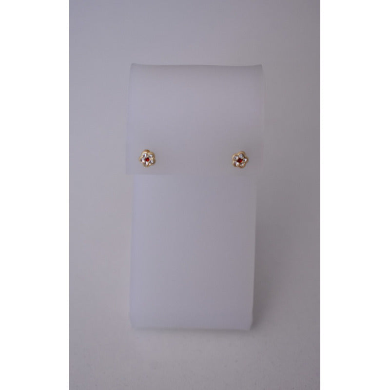 Broqueles Flor Piedra Roja Para Bebé 1 Mm Oro De 10 K