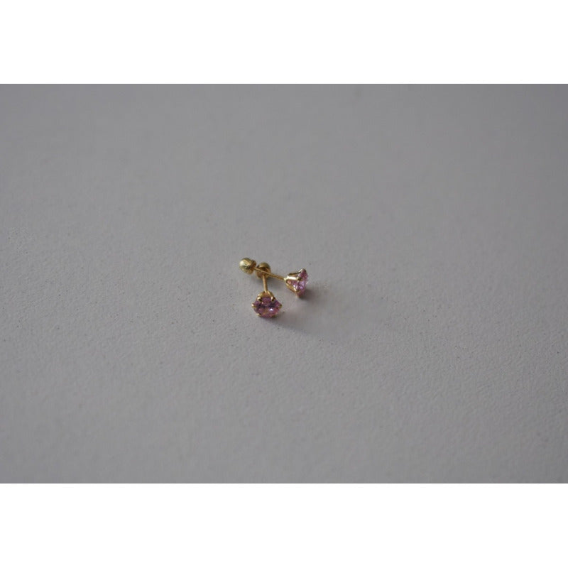 Broqueles Circonia Rosa 4 Mm Oro De 10 K + Obsequio