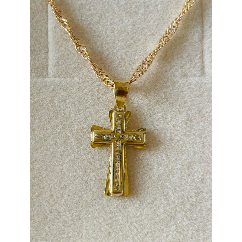 Kit Cadena Cruz Con Zirconias Oro 10 K + Obsequio