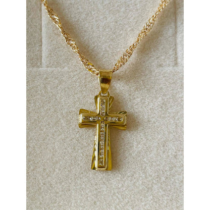 Kit Cadena Con Dije Cruz Zirconias Oro 10 K + Obsequio