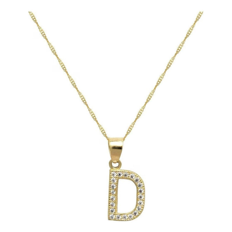 Juego Collar Letra D + Aretes Zirconias Oro 10 K. + Regalo