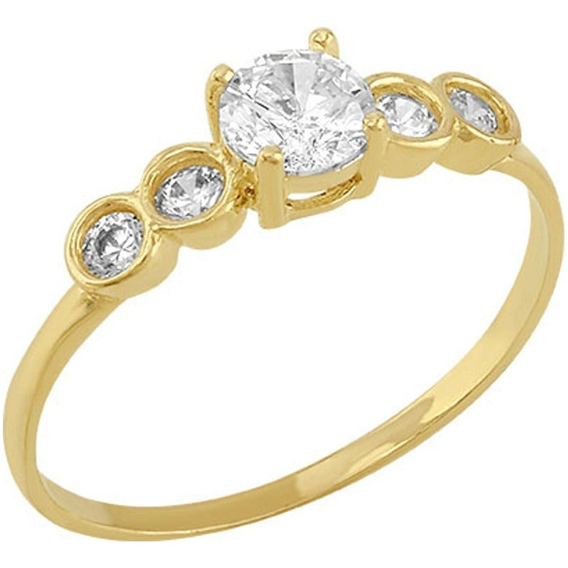 Anillo Solitario Con 5 Zirconias En Oro 10 K + Obsequio
