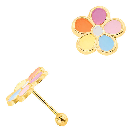 Broqueles Flor Esmaltada Oro 10 Kilates +