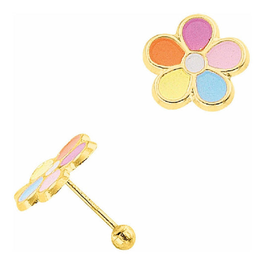 Broqueles Flor Esmaltada Oro 10 Kilates + Obsequio