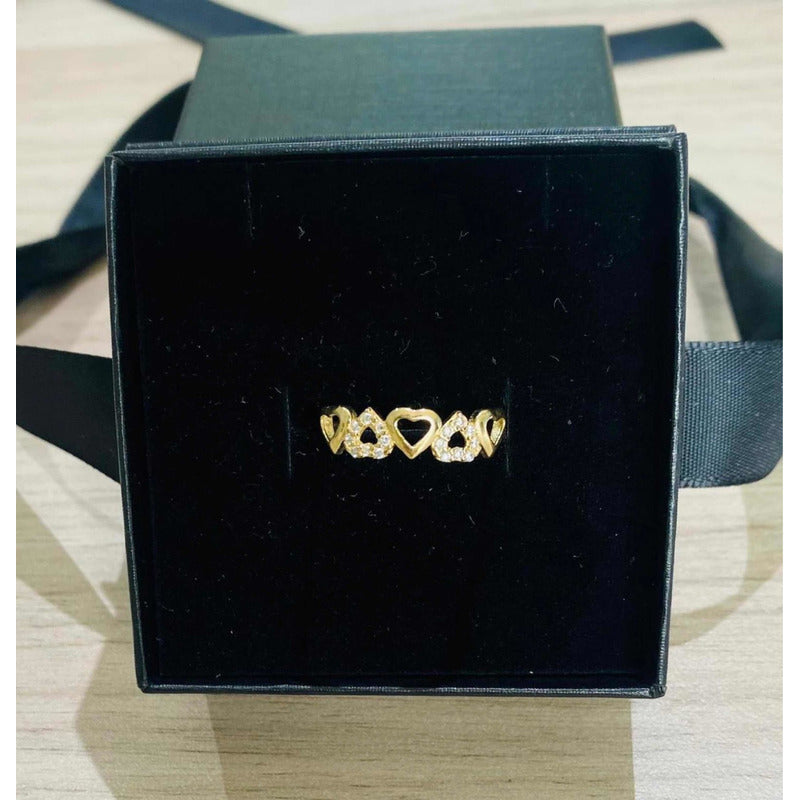Anillo Corazones Con Circonias Oro 10 K + Obsequio
